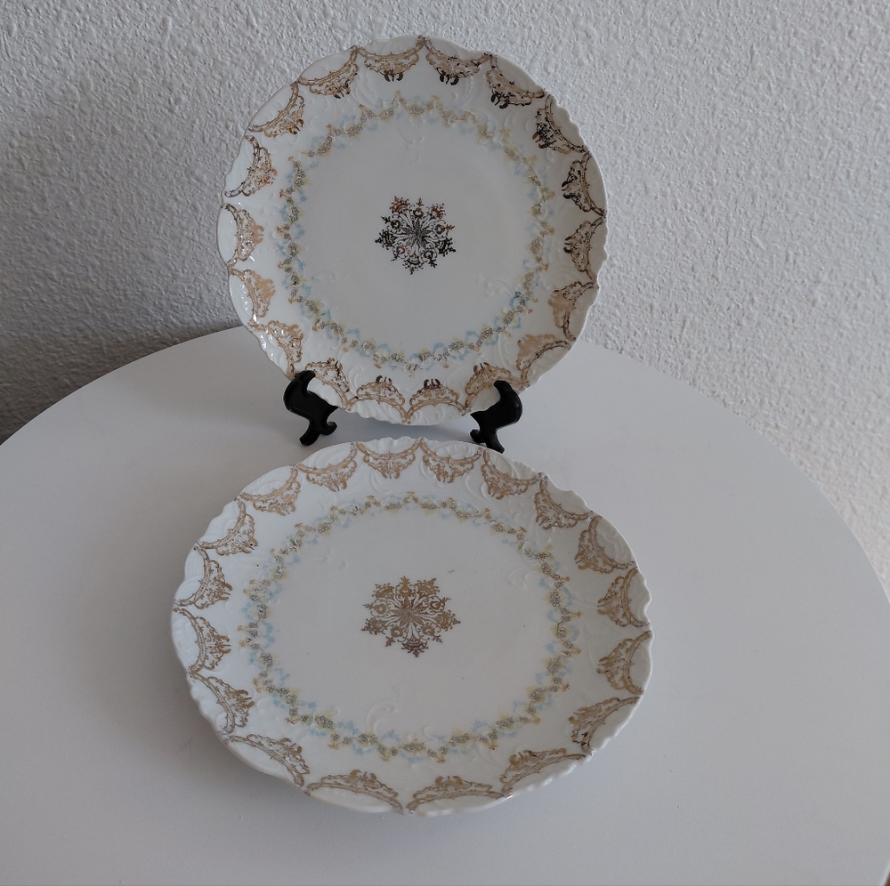 Antique Imperial China Austria 2 Embossed Gold Pattern Serving Plates